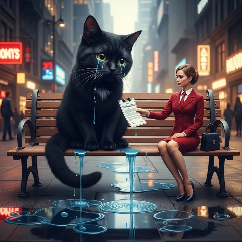 Poignant Cartoon Scene with Black Cat and Job Contract