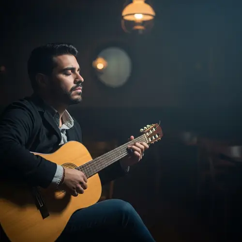 Melancholic Hispanic Male Musician with Guitar | Solitude Scene