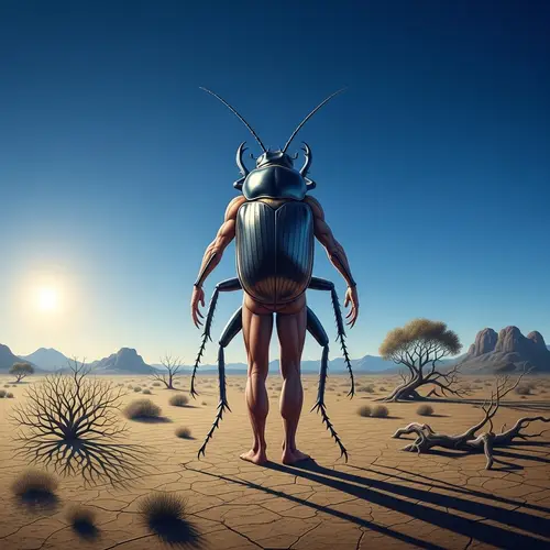Hyper-Realistic Beetle-Humanoid Figure in Sparse Landscape