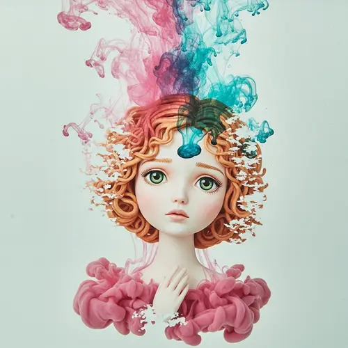 Ethereal Watercolor Doll Dissolving in Pool of Color