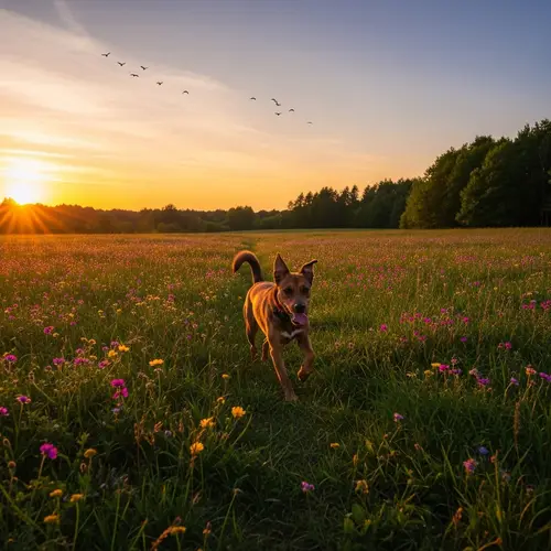 Joyous Brown Dog Running at Sunset Among Wildflowers
