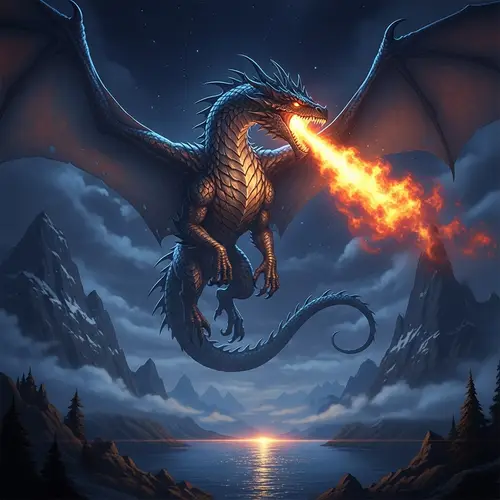 Majestic Dragon Soaring in Night Sky | Fire-Breathing Fantasy Creature