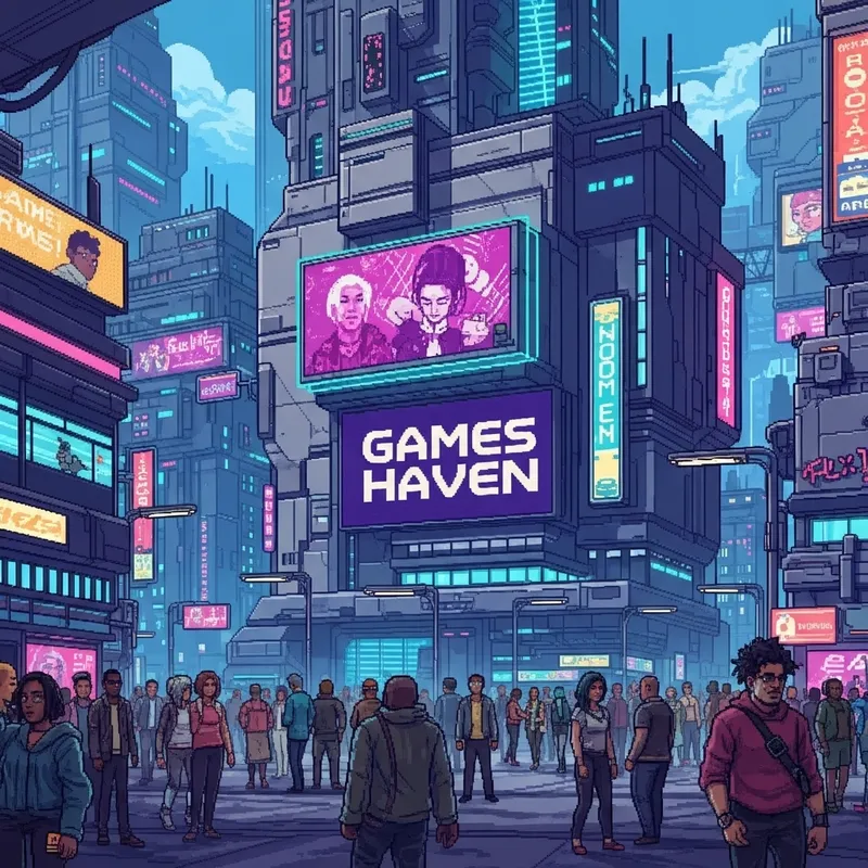 Vibrant Cyberpunk City with Games Haven Sign