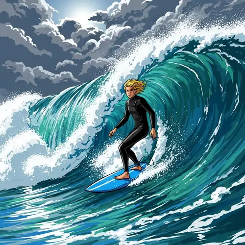 Dynamic Surfing Scene: Blond Surfer Riding Huge Ocean Wave