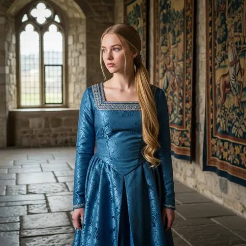 Indifferent 18-Year-Old Princess in Medieval Blue Dress