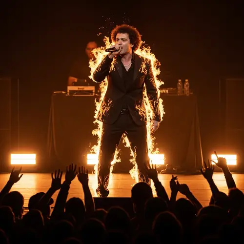 Fiery Rap Concert: Curly-Haired Performer on Stage