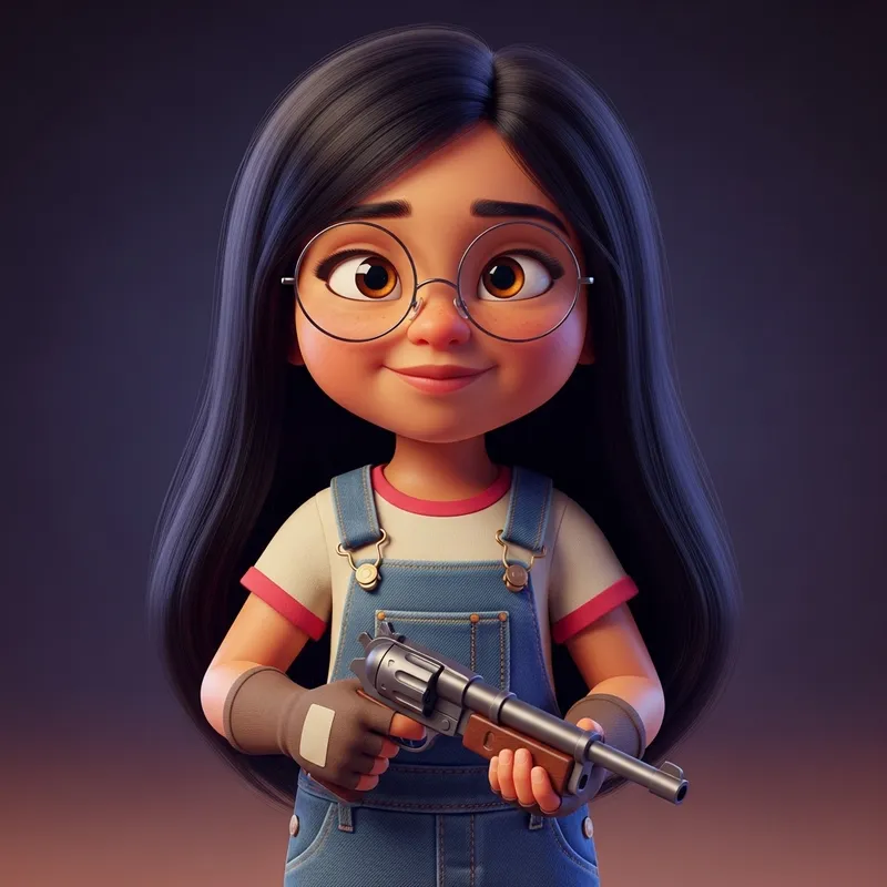 Hispanic Girl with Round Glasses & Toy Gun - Colorful Pixar Style Animation