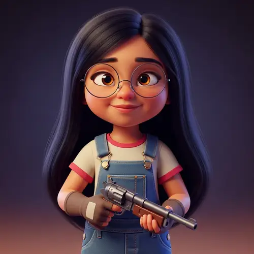 Hispanic Girl in Denim Overall with Toy Gun - Pixar Style Animation