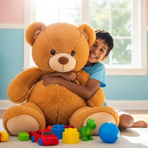 Joyful South Asian Boy Hugging Large Stuffed Bear