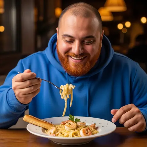 Robust Middle-Eastern Man Enjoying Shrimp Alfredo Meal