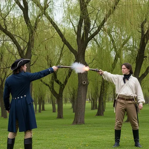 19th Century Duel Scene Amid Weeping Willows
