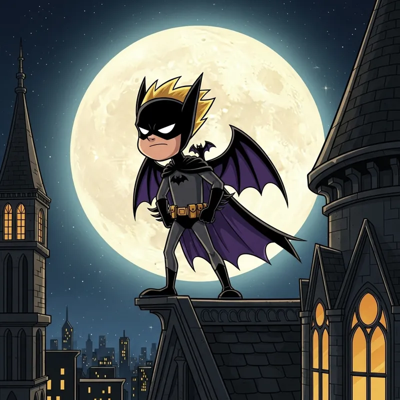 Bart Simpson Batman: Spiky Yellow Hair on Rooftop Moon View