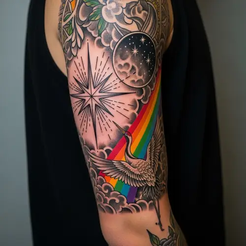 Colorful Arm Tattoo Design with Star, Rainbow, Moon, and Crane