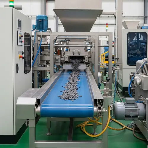Industrial Factory Scene with Stainless Steel Conveyor Belt