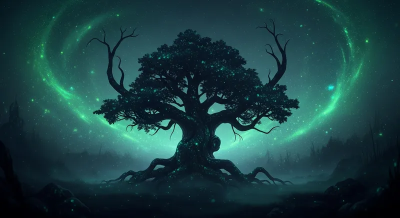 Dark Whimsical Tree in Vivid Mist with Bioluminescent Sparkles