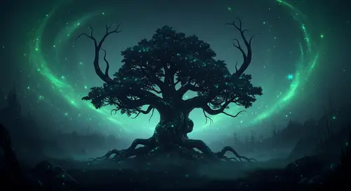 Dark Whimsical Tree in Vivid Mist with Ethereal Light
