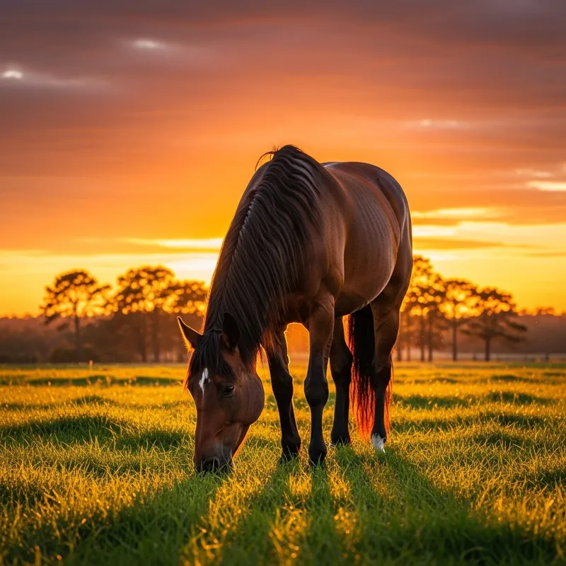 Brown Horse in Peaceful Sunset Field