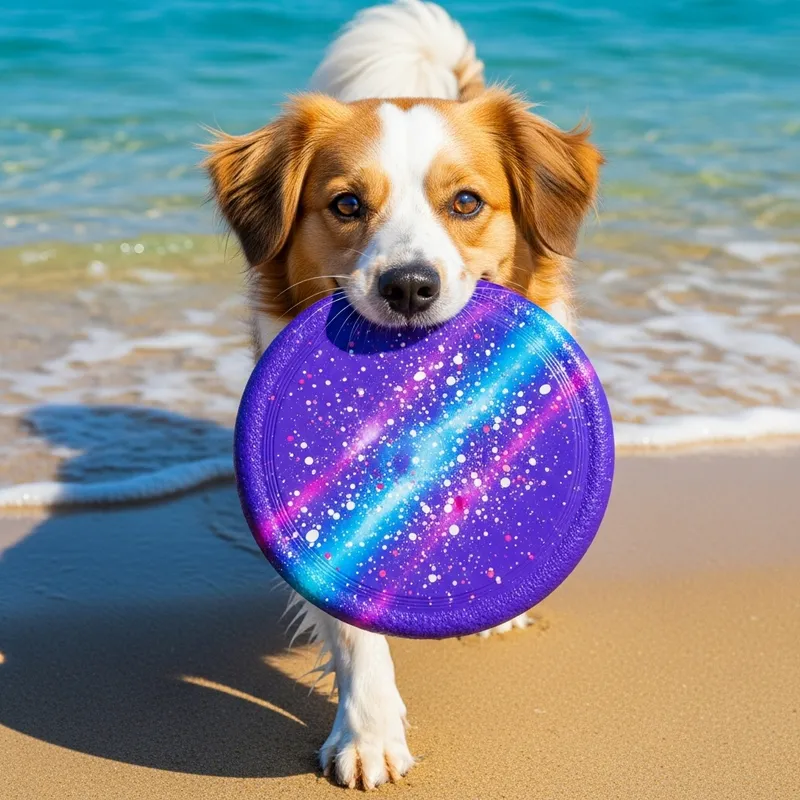 Playful Dog with Frisbee on Golden Beach Playful Dog with Frisbee on Golden Beach