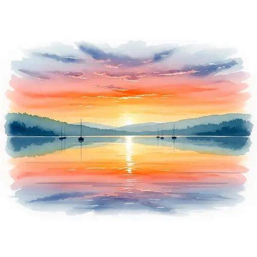 Tranquil Lake Sunset Watercolor Painting