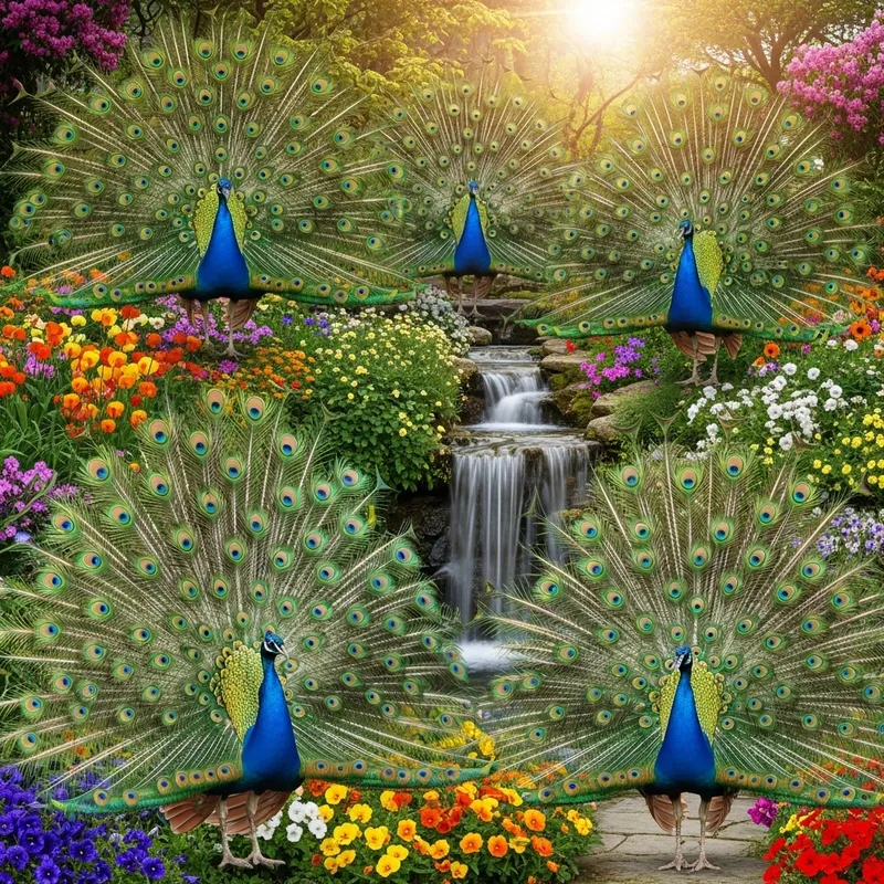 Vibrant Peacocks Displaying Feathers in Garden