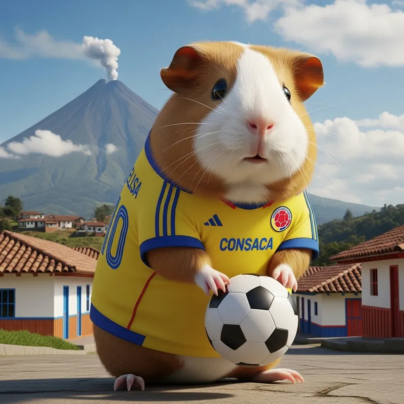 Guinea Pig in Colombian Soccer Uniform | Volcano Village Background