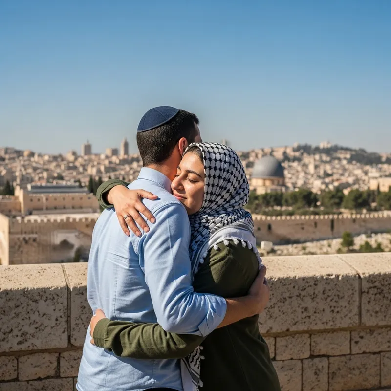 Israeli and Palestinian Embracing in Jerusalem Landscape Israeli and Palestinian Embracing in Jerusalem Landscape