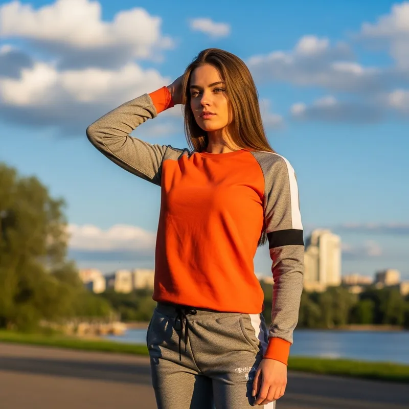 Fit Young Caucasian Woman Outfit Colors Orange Grey | Outdoor Setting