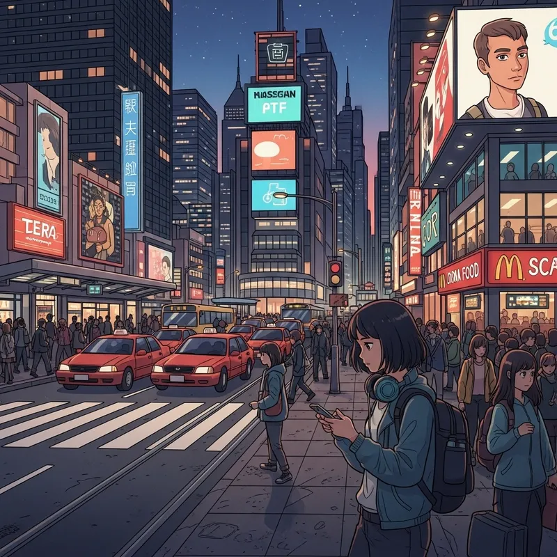 Fast-paced Urban Hustle: Black Haired Girl in Vibrant Cityscape