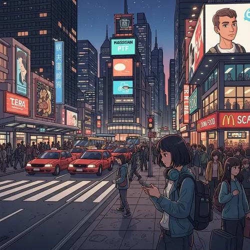 Bustling Urban Scene Illustration: Cityscape at Rush Hour