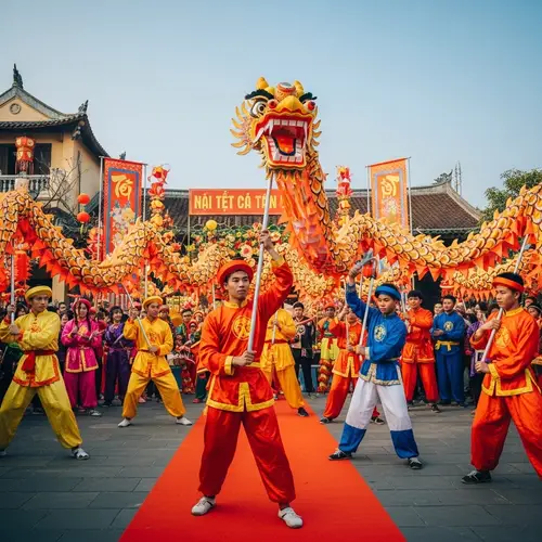 Vibrant Tet Celebration with Dragon Dancers and Traditional Decorations