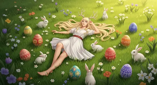 Enchanting Goddess in Blossoming Field with Bunnies and Colorful Eggs