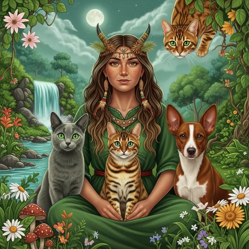 Golden Bengal Cat and Shaman Woman in Magical Nature Scene