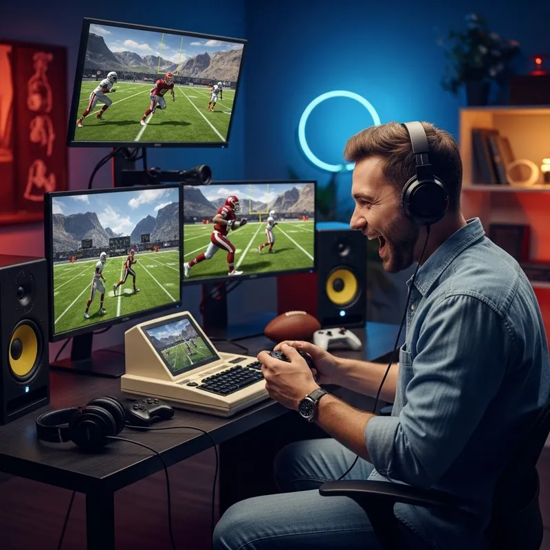 Exciting Gaming Enthusiast Seated in Front of Classic Console Playing NFL Game