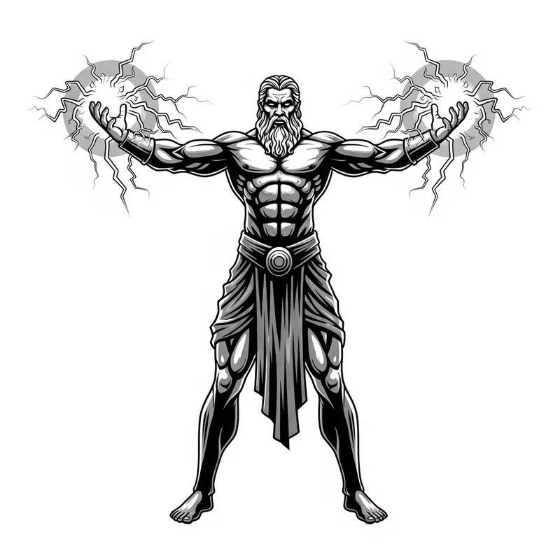 Zeus-Inspired Lightning Deity Logo: Muscular Figure in Black and White Zeus-Inspired Lightning Deity Logo: Muscular Figure in Black and White