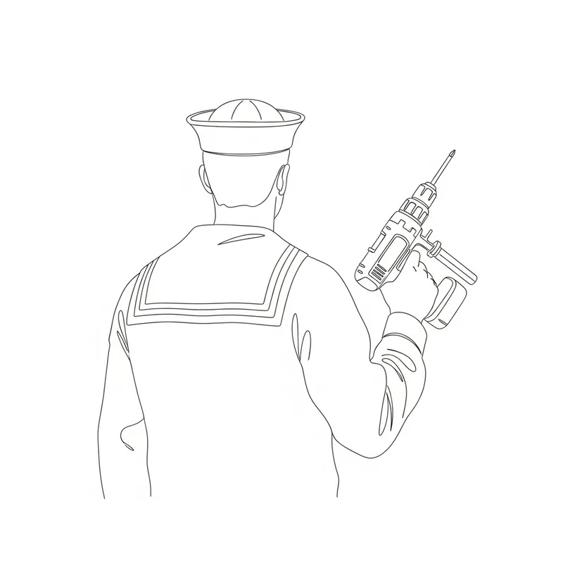 Sailor Contour Drawing with Construction Drill in Black and White Lines