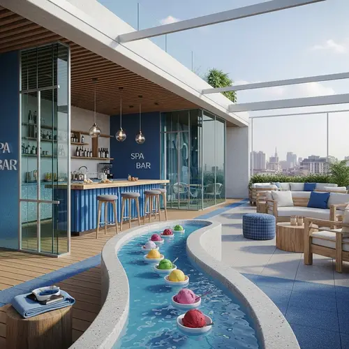 Urban Rooftop Spa Bar with Sorbet on Tabletop River | Minimalist Design