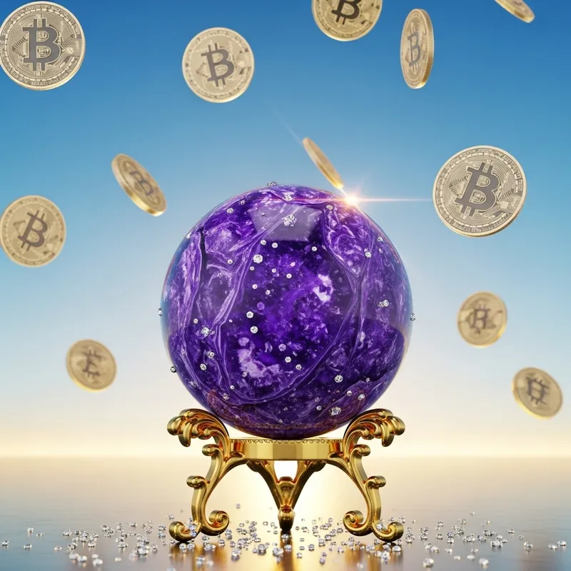 Purple Charoite Mineral Sphere on Golden Stand | Bitcoin Coins Background