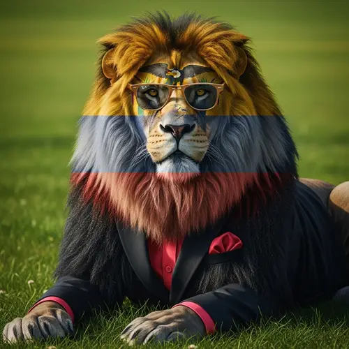 Hyperrealistic Image of Commanding Lion with Ecuador Flag Colors