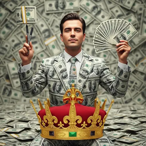 Man in Dollar Suit with 100 Dollar Bundle on Crown