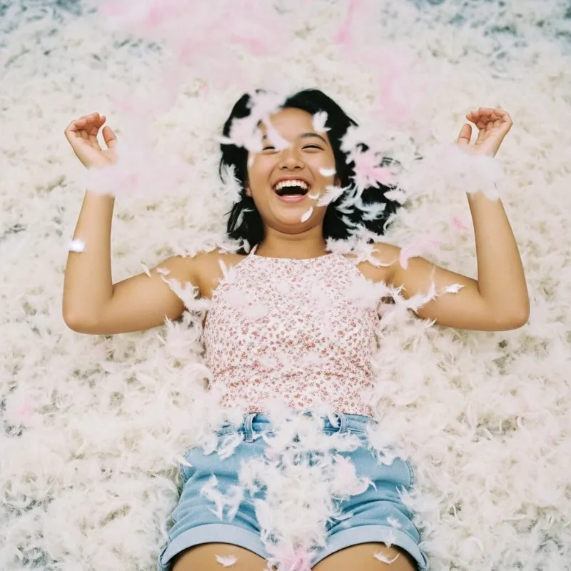 Pure Bliss in Feathers: Teenage Girl Laughing in Dreamy Atmosphere Pure Bliss in Feathers: Teenage Girl Laughing in Dreamy Atmosphere
