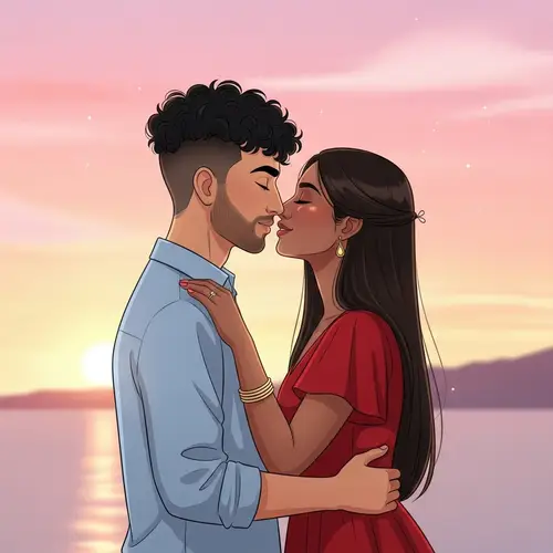 Sweet Romantic Couple Kissing at Sunset