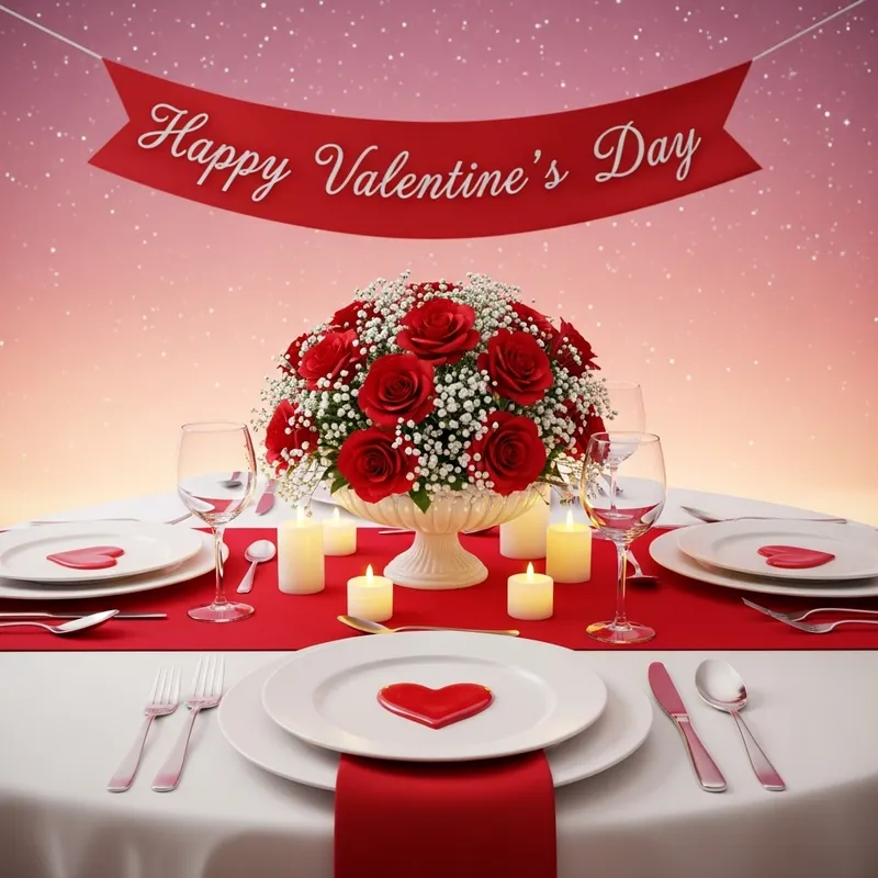 Happy Valentines Day Table Setting with Red Roses and Heart Plates
