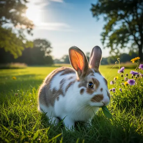 Fluffy Rabbit Nibbling on Green Grass in Beautiful Countryside