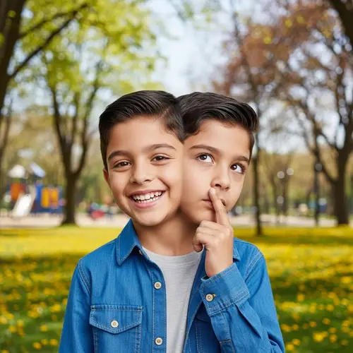 Young Hispanic Boy with Two Expressive Heads in Park Setting
