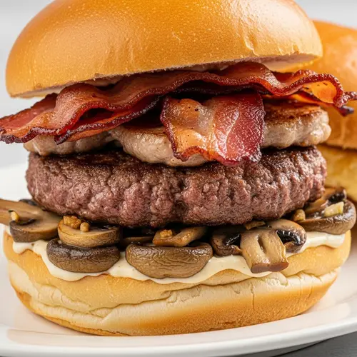 Delicious Burger with Beef, Pork, Bacon & Mushrooms