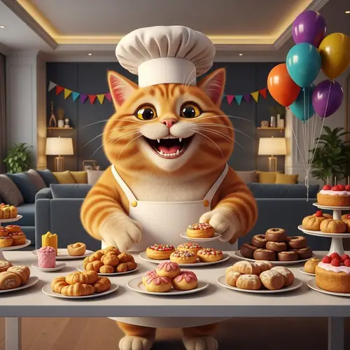 Hyperrealism Cartoon Cat Chef with Festive Balloons Serving Pastries