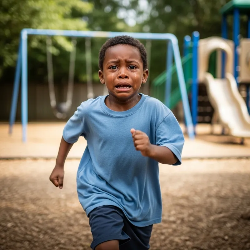 Distressed Young Boy Fleeing from Danger