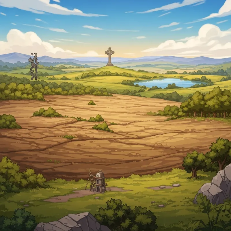 Picturesque 2D Landscape: Vast Soil, Large Cross, Lake, Woods Picturesque 2D Landscape: Vast Soil, Large Cross, Lake, Woods