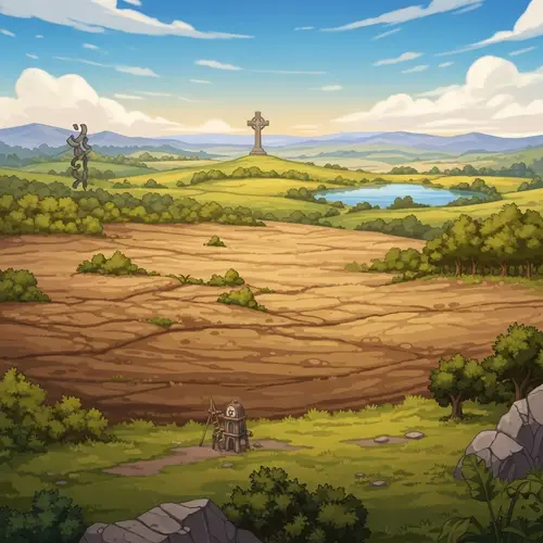 Picturesque 2D Landscape with Vast Soil, Large Cross, Lake, Woods