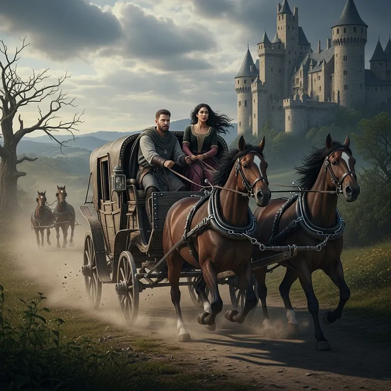 Medieval Man and Woman Fleeing Palace in Horse Carriage Scene Medieval Man and Woman Fleeing Palace in Horse Carriage Scene